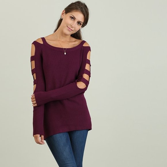 Umgee Sweaters - Wine Strappy Cut Out Long Sleeve Sweater WA3400